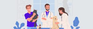 vet taking care of animals with happy owners